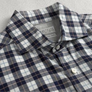 Brunello Cucinelli Men's‎ Plaid Basic Fit Button Up Dress Shirt Blue Large